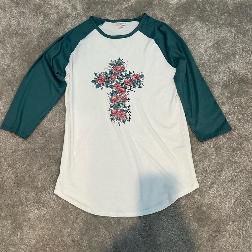 LuLaRoe Teal and White Floral Cross Raglan Top